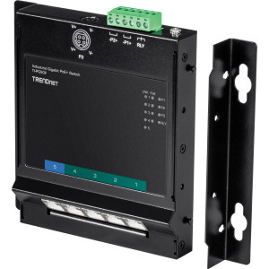 TRENDnet TI-PG50F 5-Port Gigabit Ethernet Front Access Switch, 4 Gigabit PoE+ and 1 Gigabit ports, 10 Gbps switching capacity, DIN-rail/Magnet